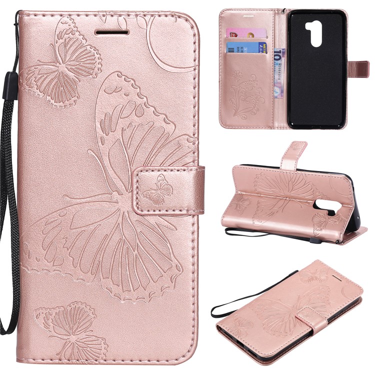Imprint Butterfly Flower Leather Wallet Magnetic Stand Shell for Xiaomi Pocophone F1 / Poco F1 (India) - Rose Gold-1