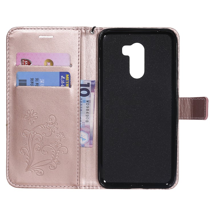 Imprint Butterfly Flower Leather Wallet Magnetic Stand Shell for Xiaomi Pocophone F1 / Poco F1 (India) - Rose Gold-4