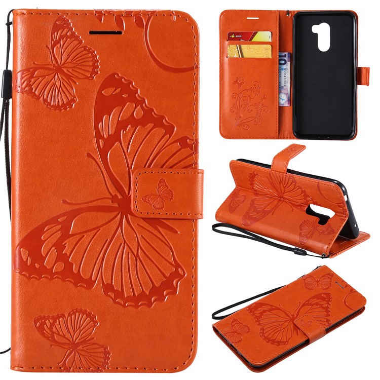 Imprint Butterfly Flower Leather Wallet Magnetic Stand Casing for Xiaomi Pocophone F1 / Poco F1 (India) - Orange-1