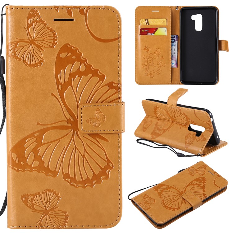 Imprint Butterfly Flower Leather Wallet Magnetic Stand Cell Phone Cover for Xiaomi Pocophone F1 / Poco F1 (India) - Yellow-1