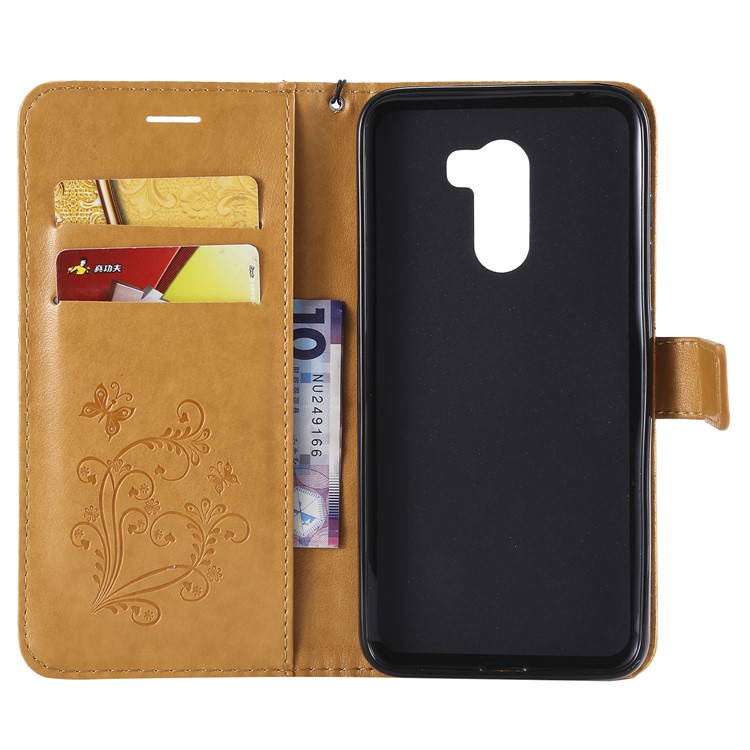 Imprint Butterfly Flower Leather Wallet Magnetic Stand Cell Phone Cover for Xiaomi Pocophone F1 / Poco F1 (India) - Yellow-4