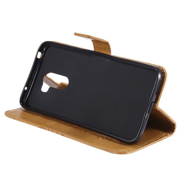 Imprint Butterfly Flower Leather Wallet Magnetic Stand Cell Phone Cover for Xiaomi Pocophone F1 / Poco F1 (India) - Yellow-8