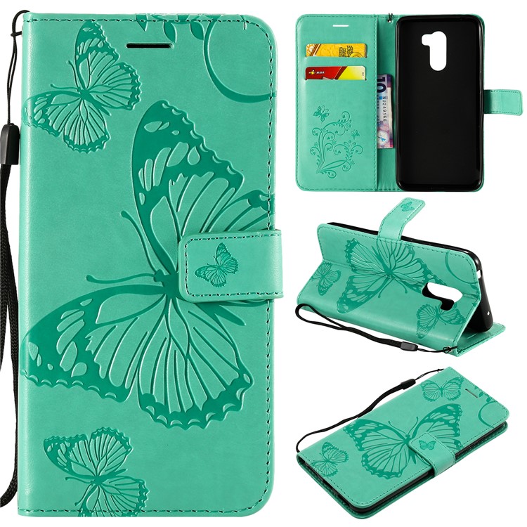 Imprint Butterfly Flower Leather Wallet Magnetic Stand Cell Phone Shell for Xiaomi Pocophone F1 / Poco F1 (India) - Cyan-1