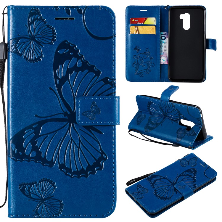 Imprint Butterfly Flower Leather Wallet Magnetic Stand Protective Cover for Xiaomi Pocophone F1 / Poco F1 (India) - Blue-1
