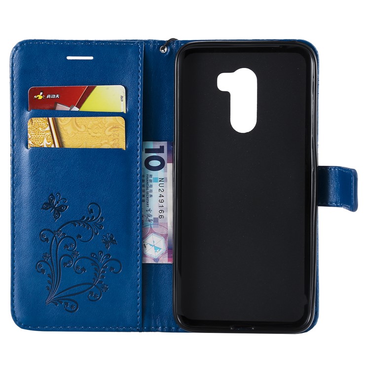 Imprint Butterfly Flower Leather Wallet Magnetic Stand Protective Cover for Xiaomi Pocophone F1 / Poco F1 (India) - Blue-4
