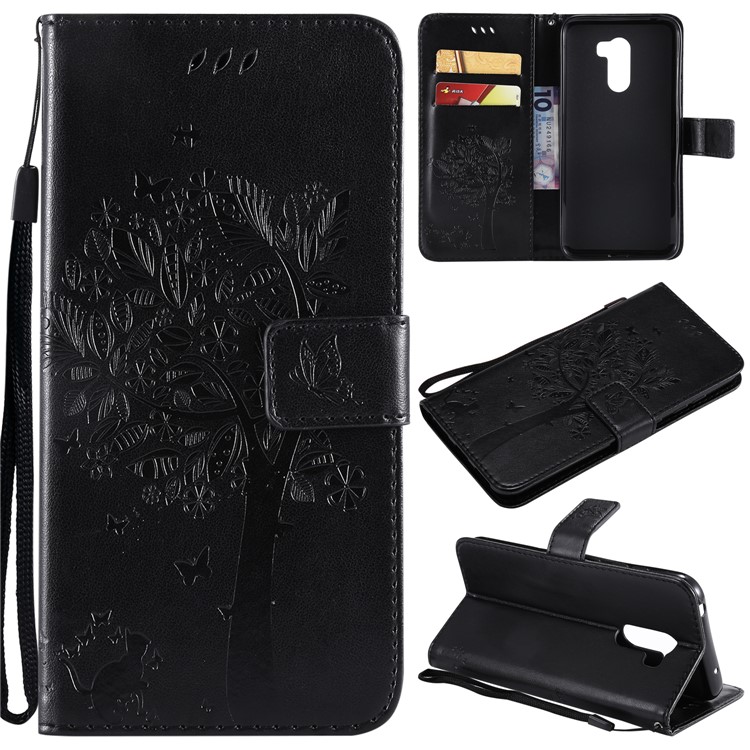 Imprint Cat and Tree Wallet Stand PU Leather Case with Lanyard for Xiaomi Pocophone F1 / Poco F1 (India) - Black-1