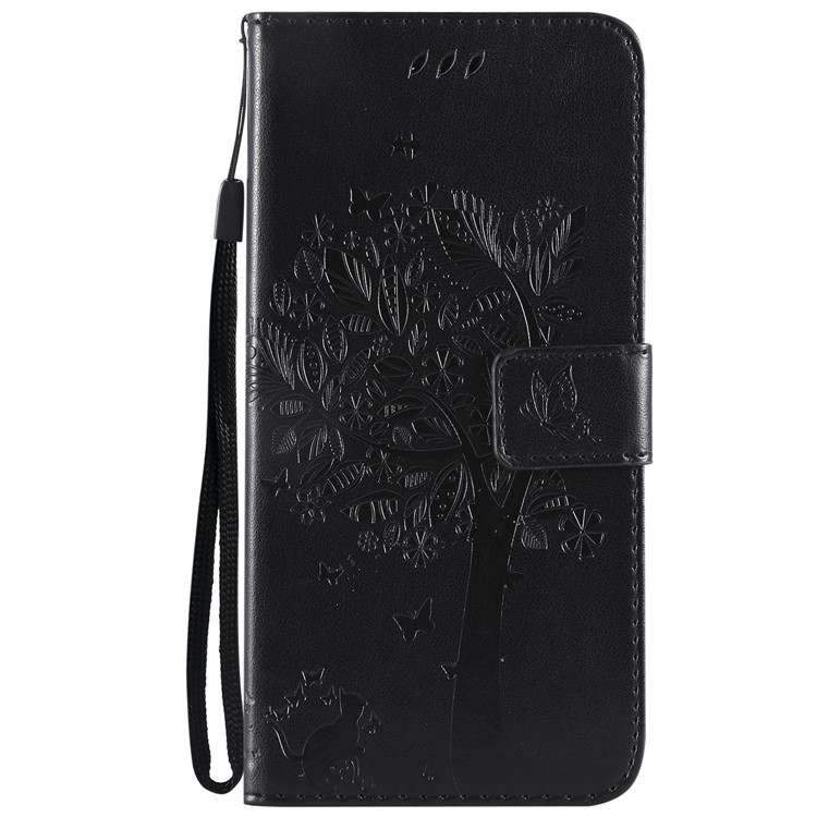 Imprint Cat and Tree Wallet Stand PU Leather Case with Lanyard for Xiaomi Pocophone F1 / Poco F1 (India) - Black-2