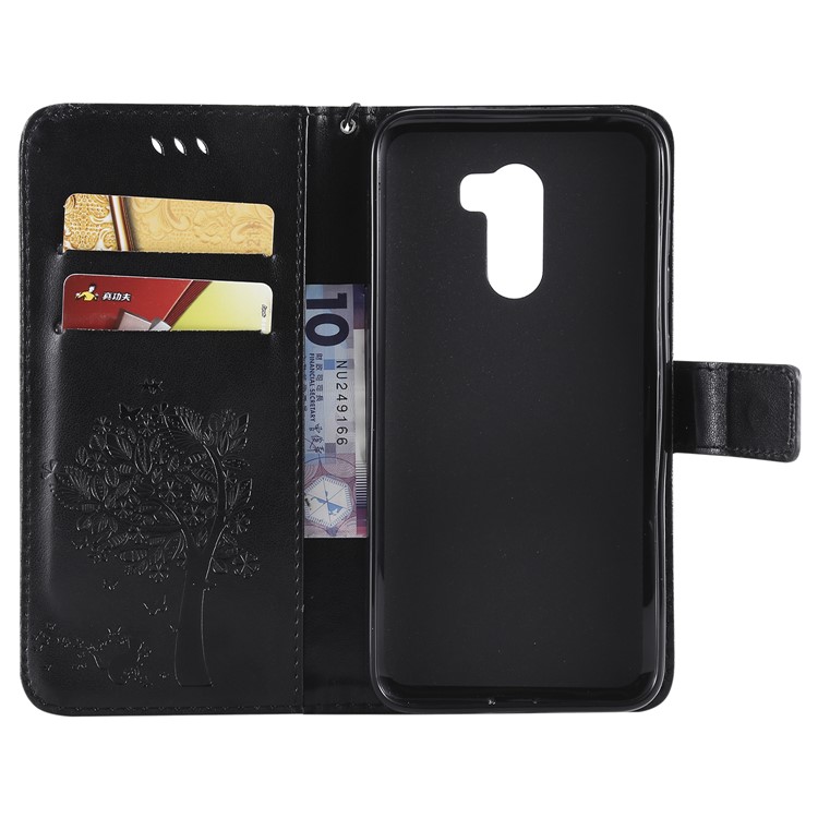 Imprint Cat and Tree Wallet Stand PU Leather Case with Lanyard for Xiaomi Pocophone F1 / Poco F1 (India) - Black-4