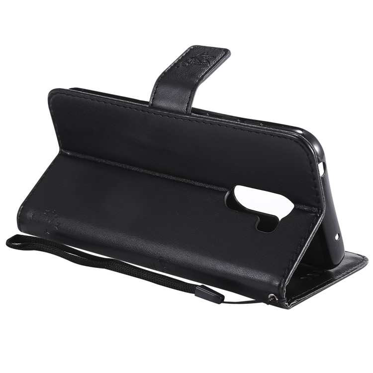 Imprint Cat and Tree Wallet Stand PU Leather Case with Lanyard for Xiaomi Pocophone F1 / Poco F1 (India) - Black-7
