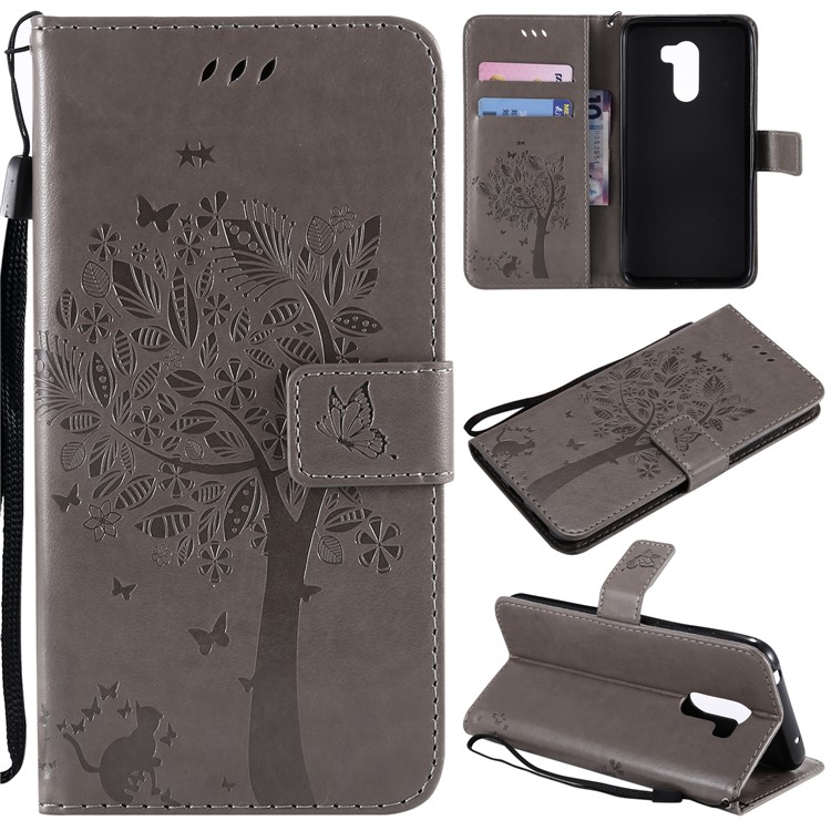 Imprint Cat and Tree Wallet Stand PU Leather Cover with Lanyard for Xiaomi Pocophone F1 / Poco F1 (India) - Grey-1