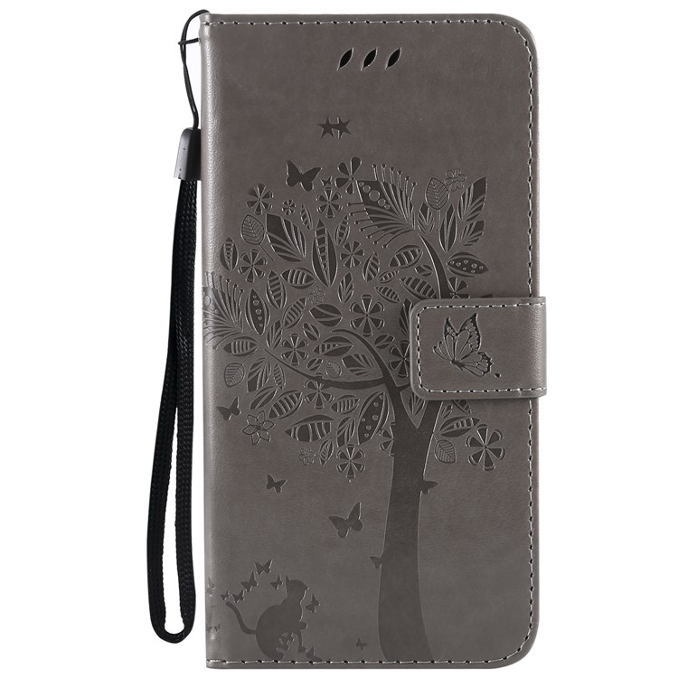 Imprint Cat and Tree Wallet Stand PU Leather Cover with Lanyard for Xiaomi Pocophone F1 / Poco F1 (India) - Grey-2