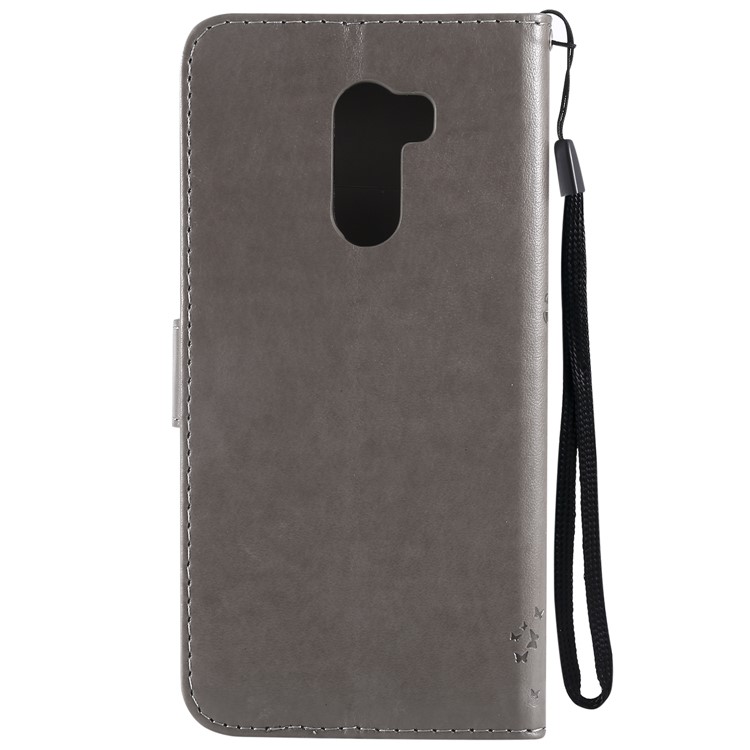 Imprint Cat and Tree Wallet Stand PU Leather Cover with Lanyard for Xiaomi Pocophone F1 / Poco F1 (India) - Grey-3
