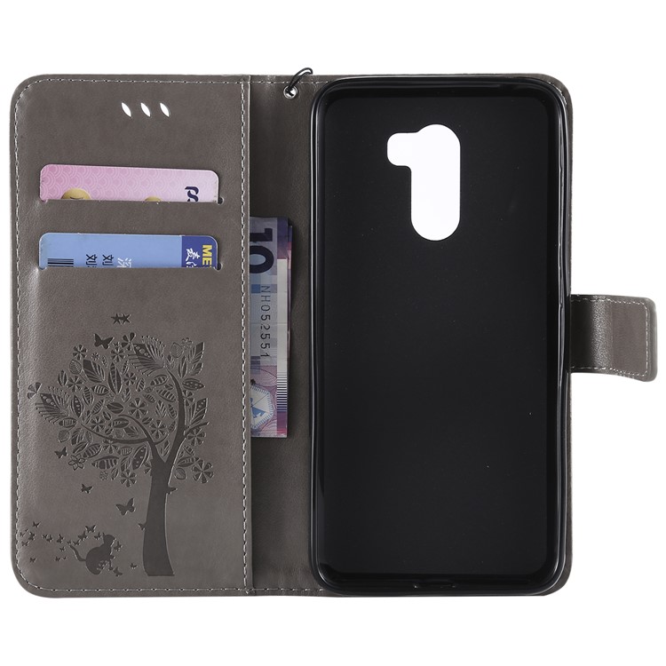 Imprint Cat and Tree Wallet Stand PU Leather Cover with Lanyard for Xiaomi Pocophone F1 / Poco F1 (India) - Grey-4