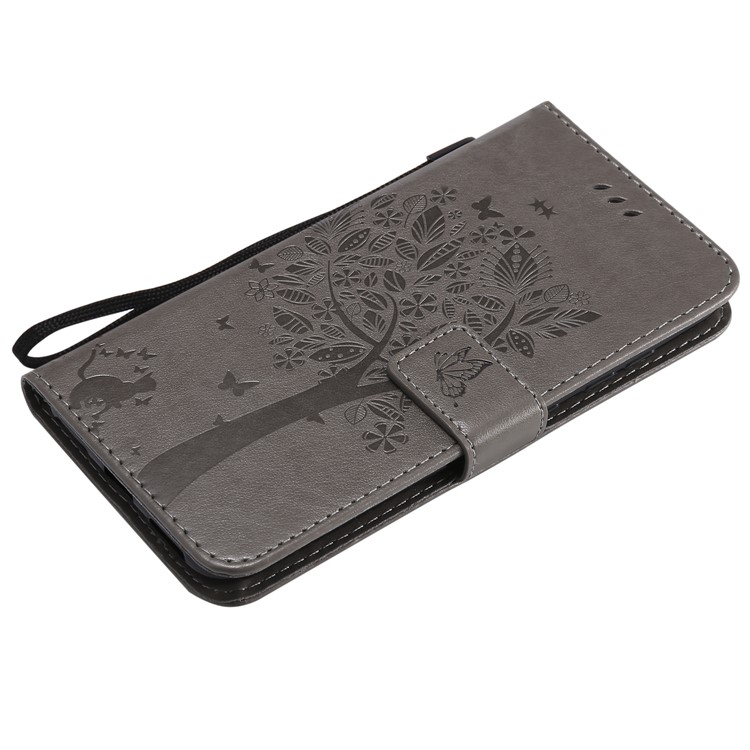 Imprint Cat and Tree Wallet Stand PU Leather Cover with Lanyard for Xiaomi Pocophone F1 / Poco F1 (India) - Grey-5