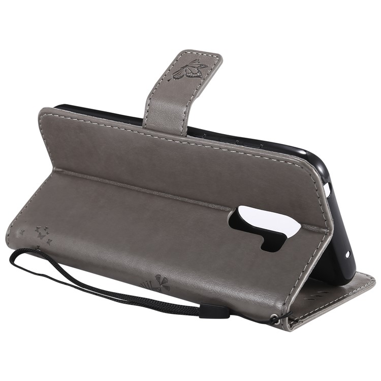 Imprint Cat and Tree Wallet Stand PU Leather Cover with Lanyard for Xiaomi Pocophone F1 / Poco F1 (India) - Grey-7