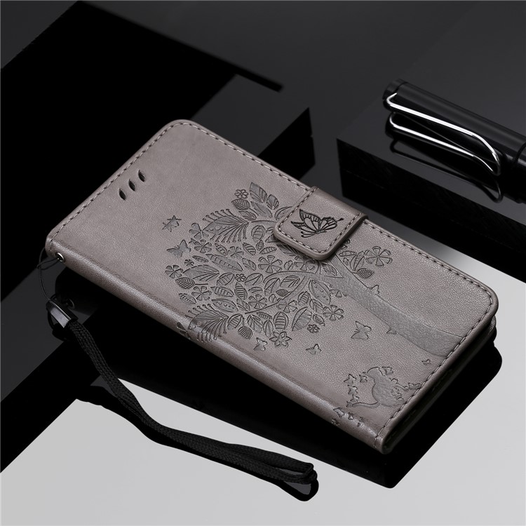 Imprint Cat and Tree Wallet Stand PU Leather Cover with Lanyard for Xiaomi Pocophone F1 / Poco F1 (India) - Grey-8