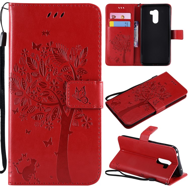 Imprint Cat and Tree Wallet Stand PU Leather Shell with Lanyard for Xiaomi Pocophone F1 / Poco F1 (India) - Red-1