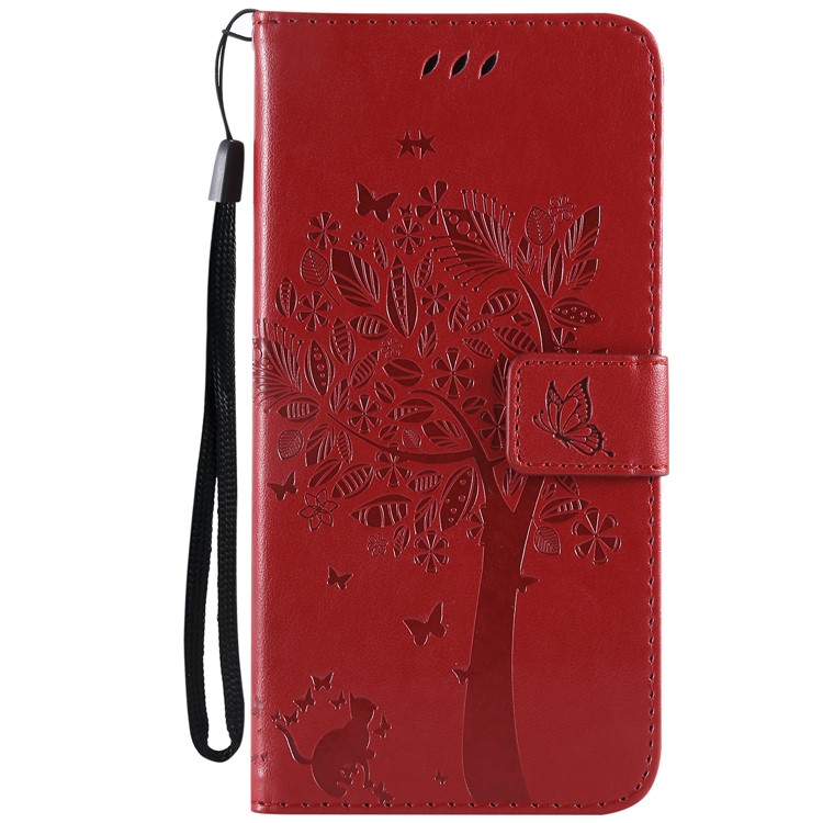 Imprint Cat and Tree Wallet Stand PU Leather Shell with Lanyard for Xiaomi Pocophone F1 / Poco F1 (India) - Red-2