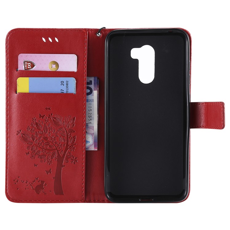 Imprint Cat and Tree Wallet Stand PU Leather Shell with Lanyard for Xiaomi Pocophone F1 / Poco F1 (India) - Red-4