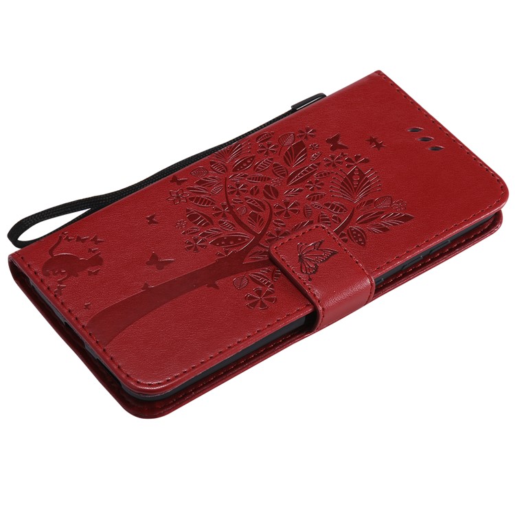 Imprint Cat and Tree Wallet Stand PU Leather Shell with Lanyard for Xiaomi Pocophone F1 / Poco F1 (India) - Red-5