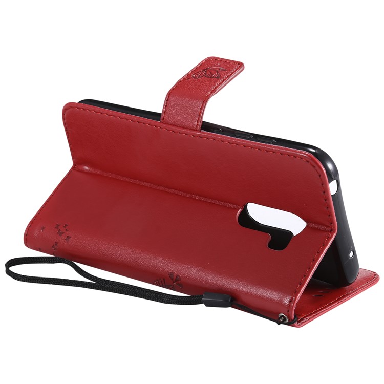 Imprint Cat and Tree Wallet Stand PU Leather Shell with Lanyard for Xiaomi Pocophone F1 / Poco F1 (India) - Red-7