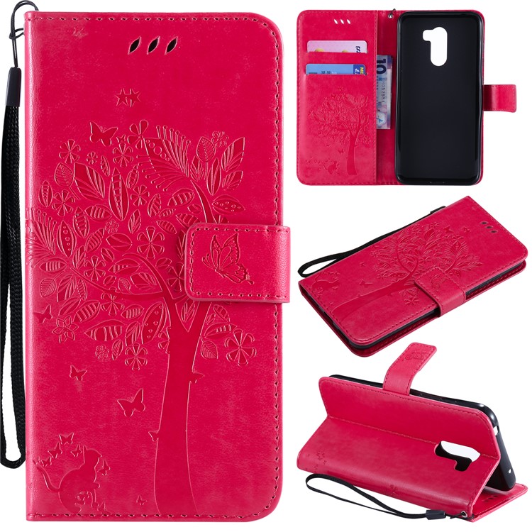Imprint Cat and Tree Wallet Stand PU Leather Casing with Lanyard for Xiaomi Pocophone F1 / Poco F1 (India) - Rose-1
