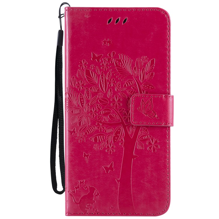 Imprint Cat and Tree Wallet Stand PU Leather Casing with Lanyard for Xiaomi Pocophone F1 / Poco F1 (India) - Rose-2