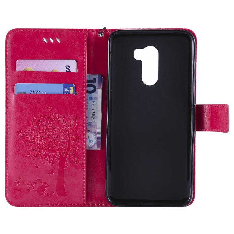 Imprint Cat and Tree Wallet Stand PU Leather Casing with Lanyard for Xiaomi Pocophone F1 / Poco F1 (India) - Rose-4