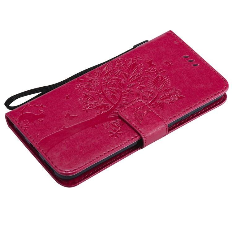 Imprint Cat and Tree Wallet Stand PU Leather Casing with Lanyard for Xiaomi Pocophone F1 / Poco F1 (India) - Rose-5