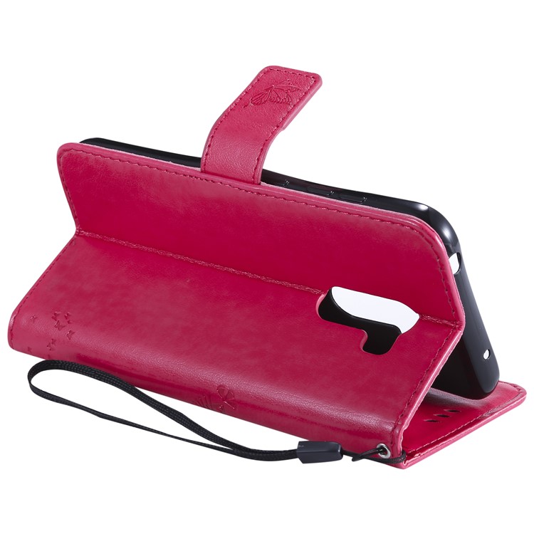 Imprint Cat and Tree Wallet Stand PU Leather Casing with Lanyard for Xiaomi Pocophone F1 / Poco F1 (India) - Rose-7