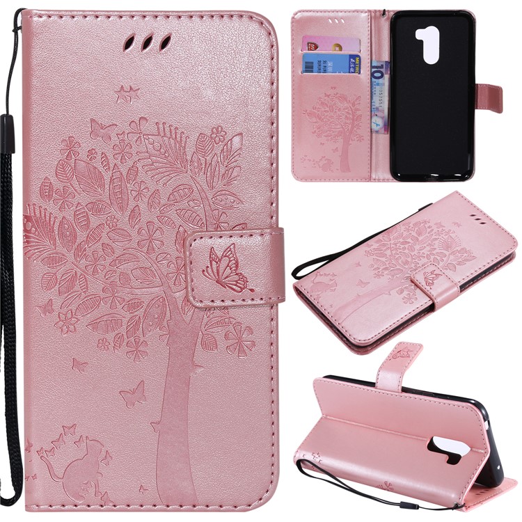 Imprint Cat and Tree Wallet Stand PU Leather Protective Case with Lanyard for Xiaomi Pocophone F1 / Poco F1 (India) - Rose Gold-1