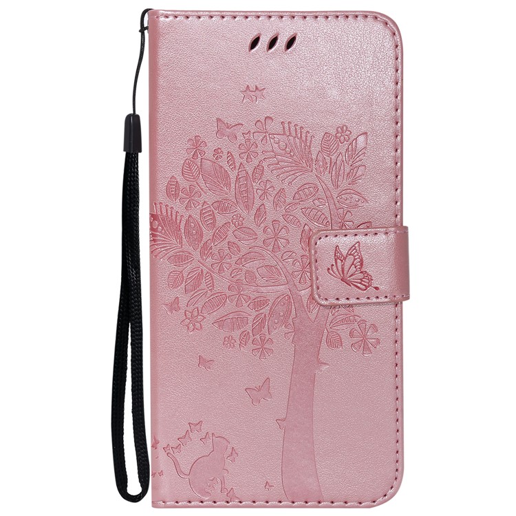 Imprint Cat and Tree Wallet Stand PU Leather Protective Case with Lanyard for Xiaomi Pocophone F1 / Poco F1 (India) - Rose Gold-2