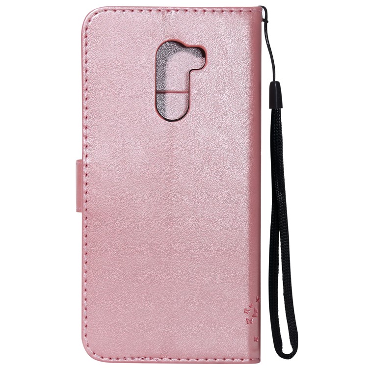 Imprint Cat and Tree Wallet Stand PU Leather Protective Case with Lanyard for Xiaomi Pocophone F1 / Poco F1 (India) - Rose Gold-3