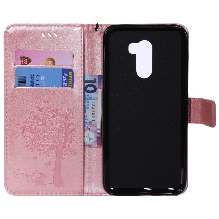 Imprint Cat and Tree Wallet Stand PU Leather Protective Case with Lanyard for Xiaomi Pocophone F1 / Poco F1 (India) - Rose Gold-4