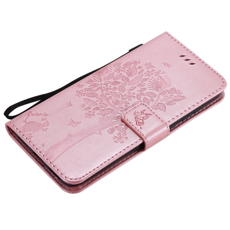 Imprint Cat and Tree Wallet Stand PU Leather Protective Case with Lanyard for Xiaomi Pocophone F1 / Poco F1 (India) - Rose Gold-5