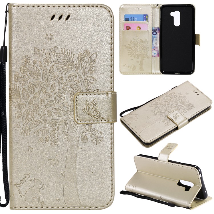 Imprint Cat and Tree Wallet Stand PU Leather Protective Cover with Lanyard for Xiaomi Pocophone F1 / Poco F1 (India) - Gold-1