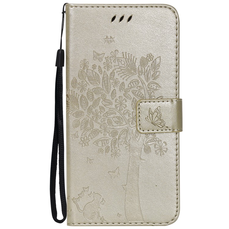 Imprint Cat and Tree Wallet Stand PU Leather Protective Cover with Lanyard for Xiaomi Pocophone F1 / Poco F1 (India) - Gold-2