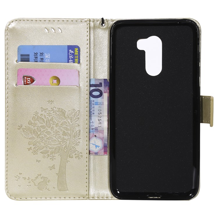 Imprint Cat and Tree Wallet Stand PU Leather Protective Cover with Lanyard for Xiaomi Pocophone F1 / Poco F1 (India) - Gold-4