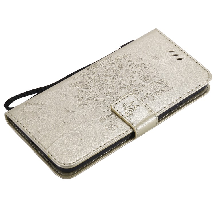 Imprint Cat and Tree Wallet Stand PU Leather Protective Cover with Lanyard for Xiaomi Pocophone F1 / Poco F1 (India) - Gold-5