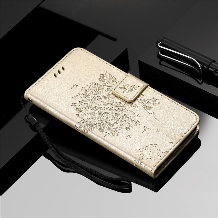 Imprint Cat and Tree Wallet Stand PU Leather Protective Cover with Lanyard for Xiaomi Pocophone F1 / Poco F1 (India) - Gold-8