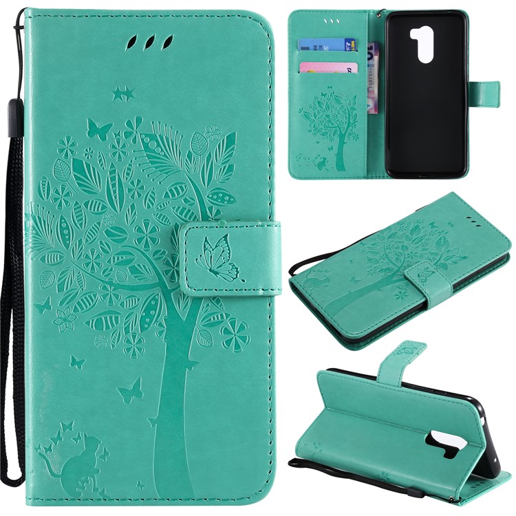 Imprint Cat and Tree Wallet Stand PU Leather Flip Case with Lanyard for Xiaomi Pocophone F1 / Poco F1 (India) - Cyan-1