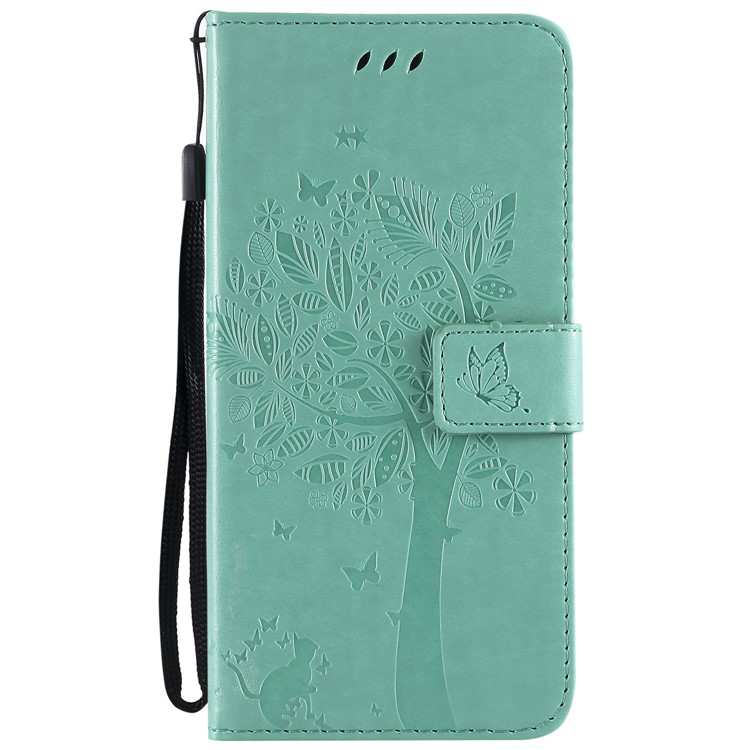 Imprint Cat and Tree Wallet Stand PU Leather Flip Case with Lanyard for Xiaomi Pocophone F1 / Poco F1 (India) - Cyan-2