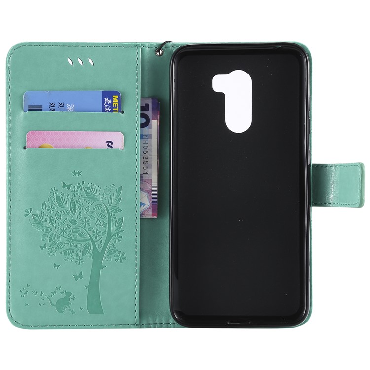 Imprint Cat and Tree Wallet Stand PU Leather Flip Case with Lanyard for Xiaomi Pocophone F1 / Poco F1 (India) - Cyan-4