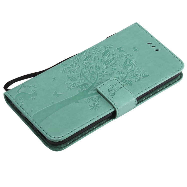 Imprint Cat and Tree Wallet Stand PU Leather Flip Case with Lanyard for Xiaomi Pocophone F1 / Poco F1 (India) - Cyan-5