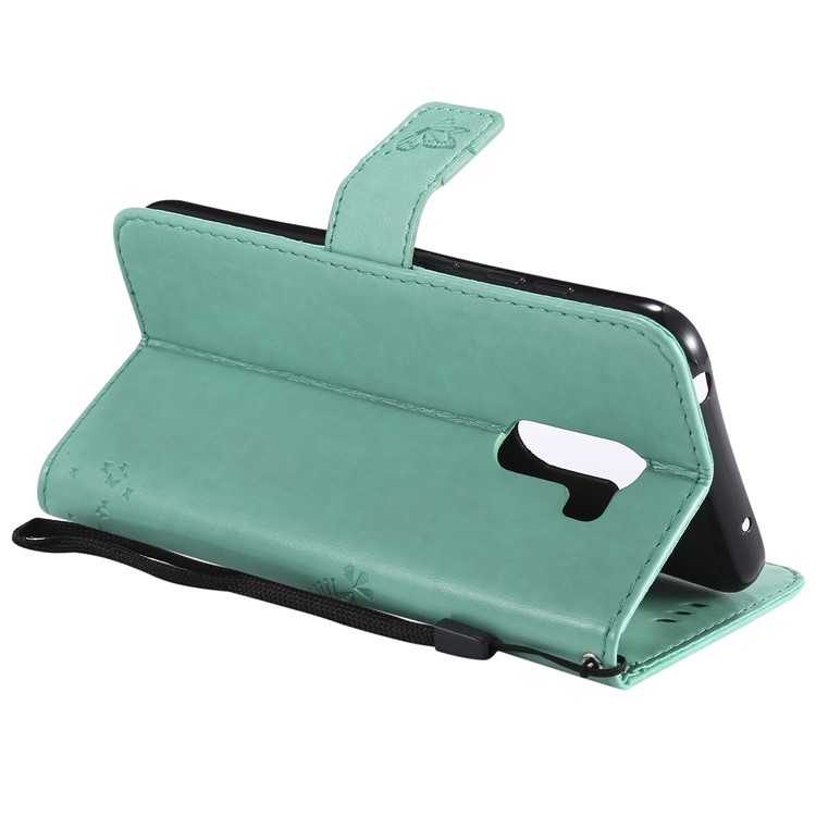 Imprint Cat and Tree Wallet Stand PU Leather Flip Case with Lanyard for Xiaomi Pocophone F1 / Poco F1 (India) - Cyan-7