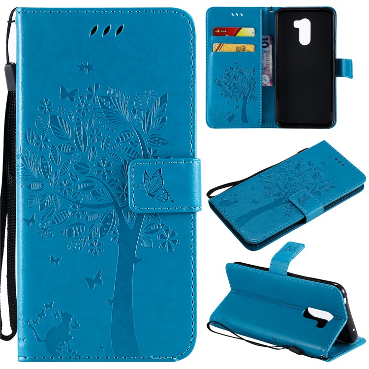 Imprint Cat and Tree Wallet Stand PU Leather Cell Phone Shell for Xiaomi Pocophone F1 / Poco F1 (India) - Blue-1