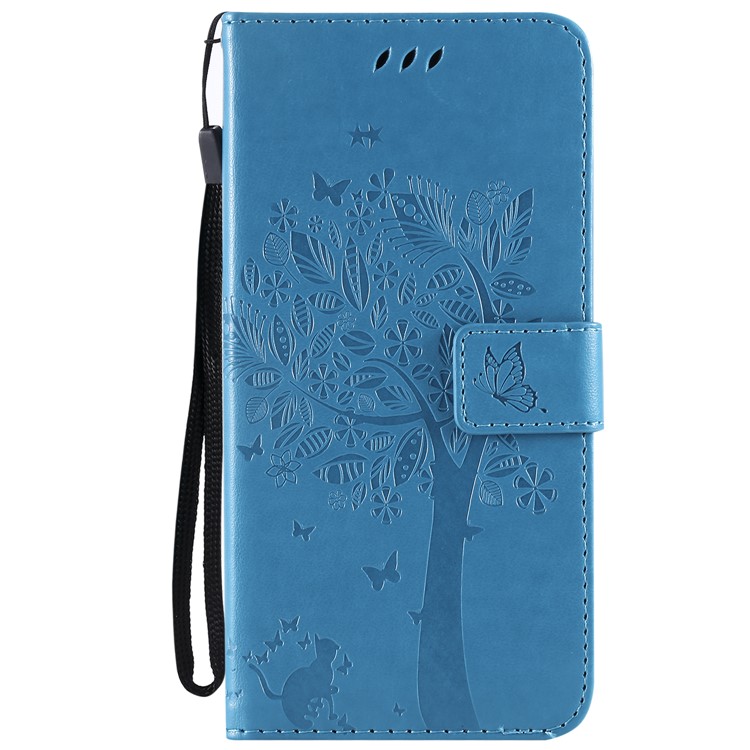 Imprint Cat and Tree Wallet Stand PU Leather Cell Phone Shell for Xiaomi Pocophone F1 / Poco F1 (India) - Blue-2