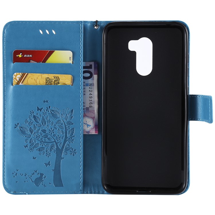 Imprint Cat and Tree Wallet Stand PU Leather Cell Phone Shell for Xiaomi Pocophone F1 / Poco F1 (India) - Blue-4