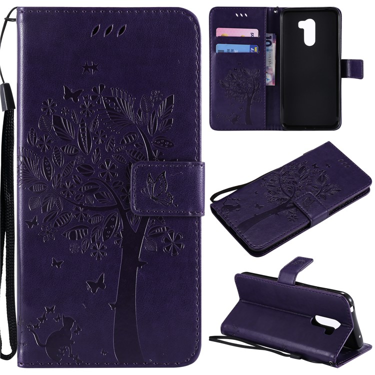 Imprint Cat and Tree Wallet PU Leather Case with Stand for Xiaomi Pocophone F1 / Poco F1 (India) - Dark Purple-1