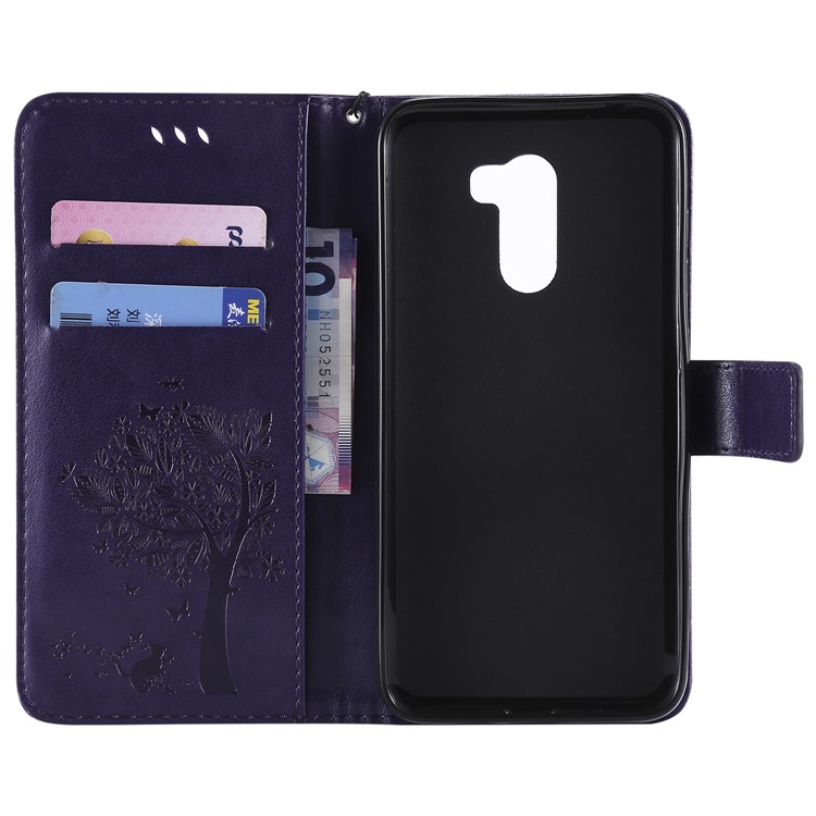 Imprint Cat and Tree Wallet PU Leather Case with Stand for Xiaomi Pocophone F1 / Poco F1 (India) - Dark Purple-4